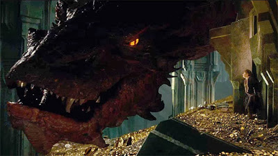Smaug and Martin Freeman in "The Hobbit: The Desolation of Smaug"