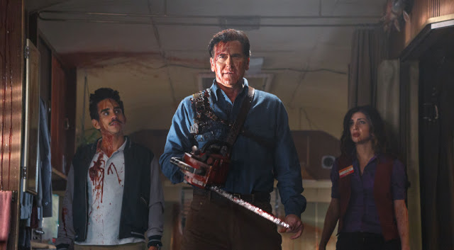 Bruce Campbell (center) with Ray Santiago and Dana DeLorenzo in "Ash vs. Evil Dead"