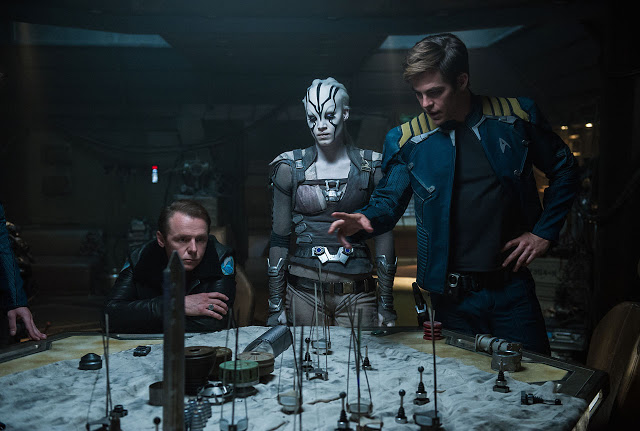 Simon Pegg, Sofia Boutella, and Chris Pine in "Star Trek Beyond"