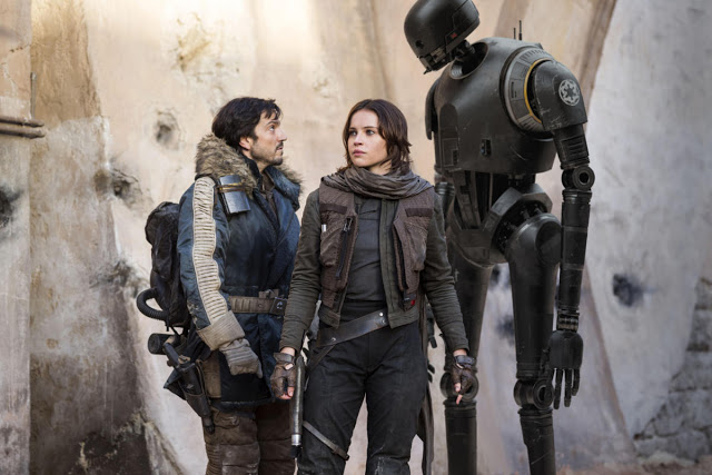 Diego Luna, Felicity Jones, and Alan Tudyk in "Rogue One: A Star Wars Story"