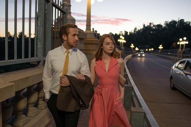 Ryan Gosling and Emma Stone in "La La Land", which tied a record with 14 Oscar nominations