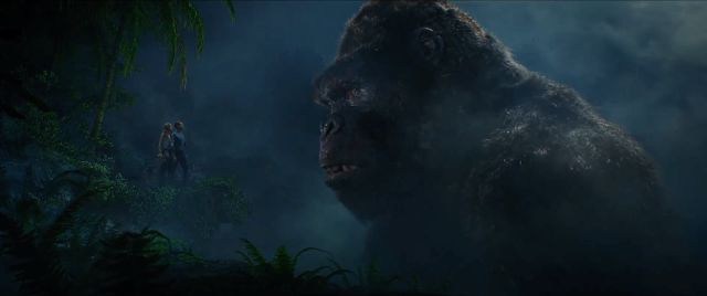 Brie Larson and Tom Hiddleston take a gander at King Kong in "Skull Island"
