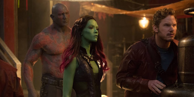 Dave Bautista, Zoe Saldana, and Chris Pratt in "Guardians of the Galaxy Vol. 2"