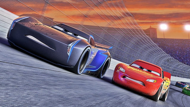 A scene from "Cars 3", in which cars drive like cars.