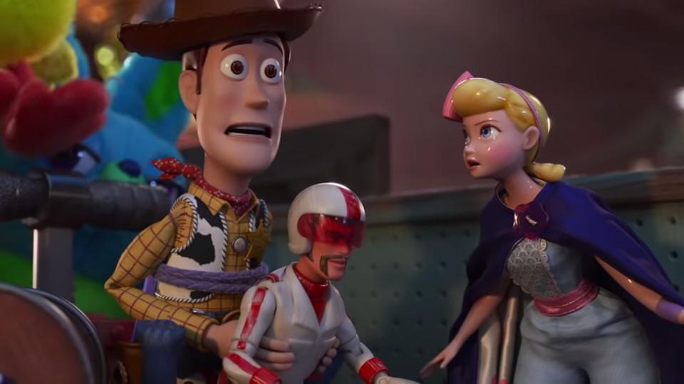 Woody, Bo Peep, and Duke Caboom in "Toy Story 4"