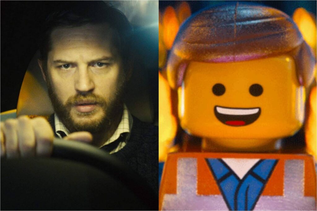 Tom Hardy in "Locke"; Chris Pratt in "The LEGO Movie"
