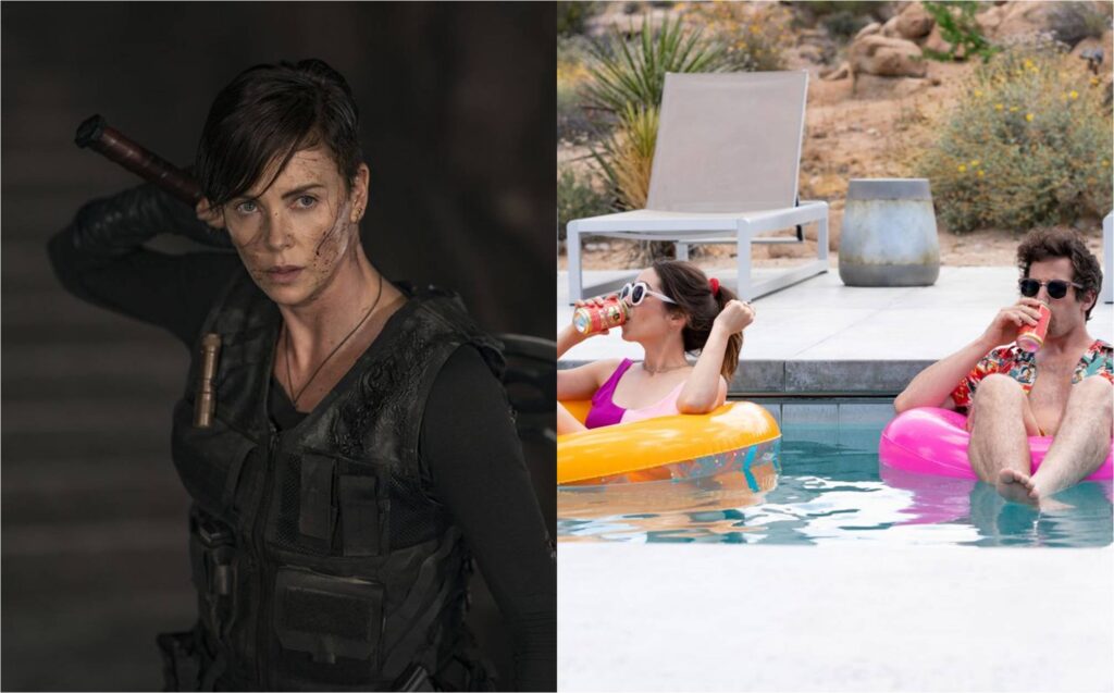 Charlize Theron in "The Old Guard"; Cristin Milioti and Andy Samberg in "Palm Springs"