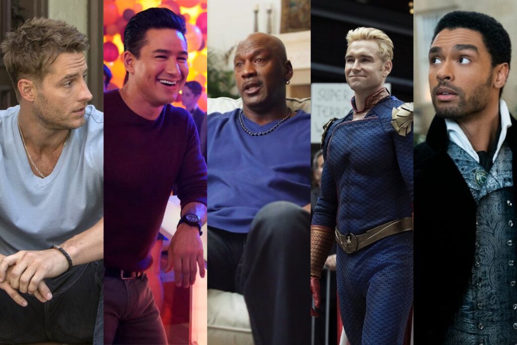 Justin Hartley in This Is Us; Mario Lopez in Saved by the Bell; Michael Jordan in The Last Dance; Antony Starr in The Boys; Regé-Jean Page in Bridgerton