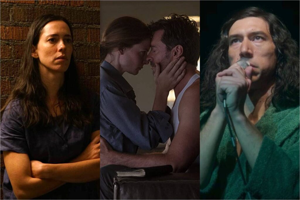 Rebecca Hall in The Night House; Rebecca Ferguson and Hugh Jackman in Reminiscence; Adam Driver in Annette