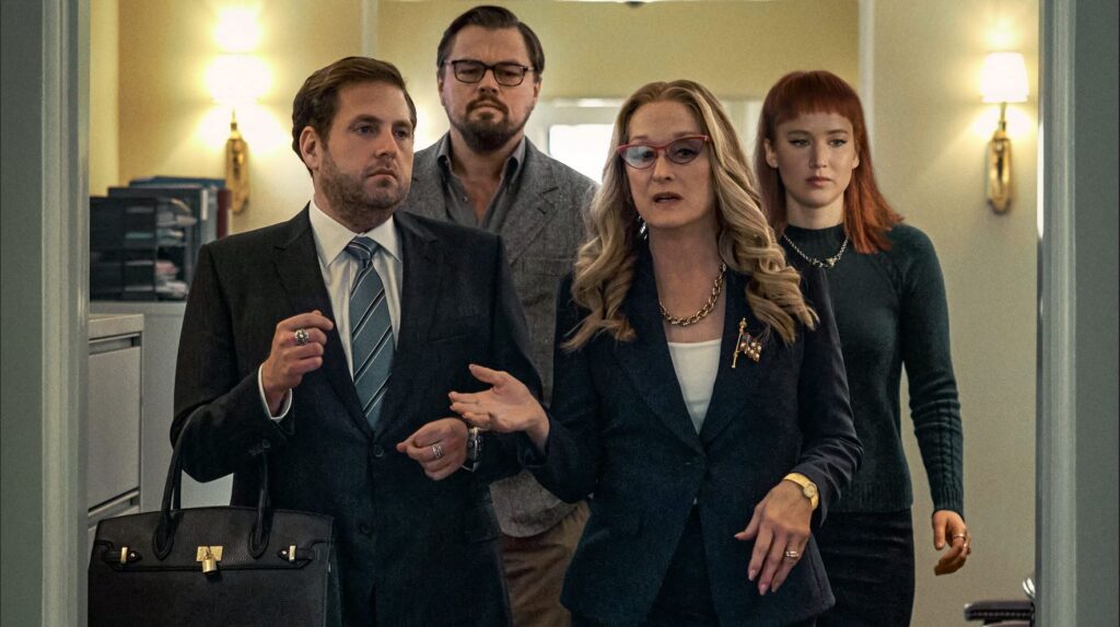 Jonah Hill, Leonardo DiCaprio, Meryl Streep, and Jennifer Lawrence in Don't Look Up