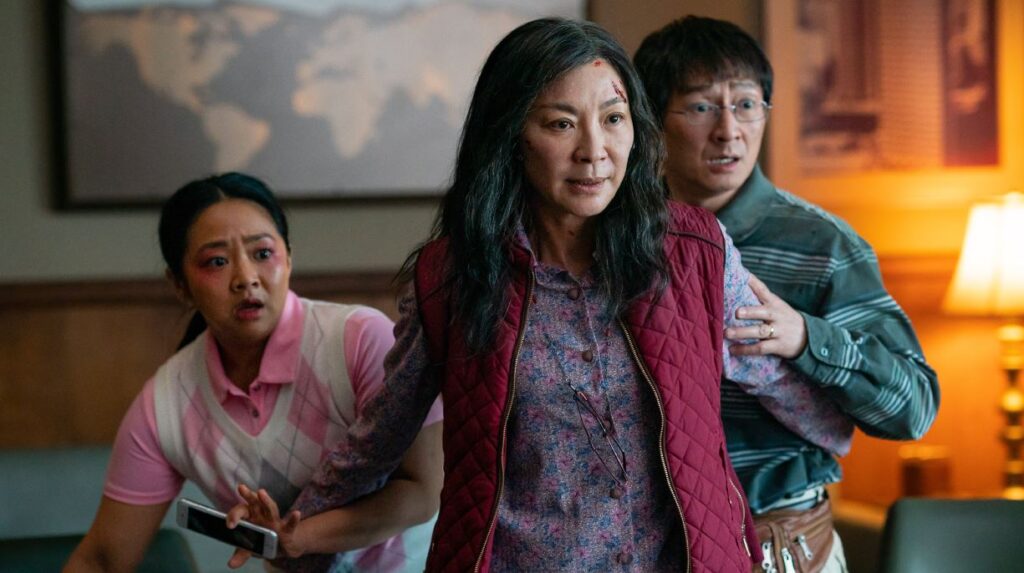 Stephanie Hsu, Michelle Yeoh, and Ke Huy Quan in Everything Everywhere All at Once