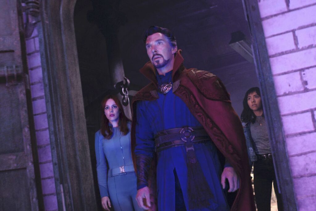 Benedict Cumberbatch, Rachel McAdams, and Xochitl Gomez in Doctor Strange in the Multiverse of Madness