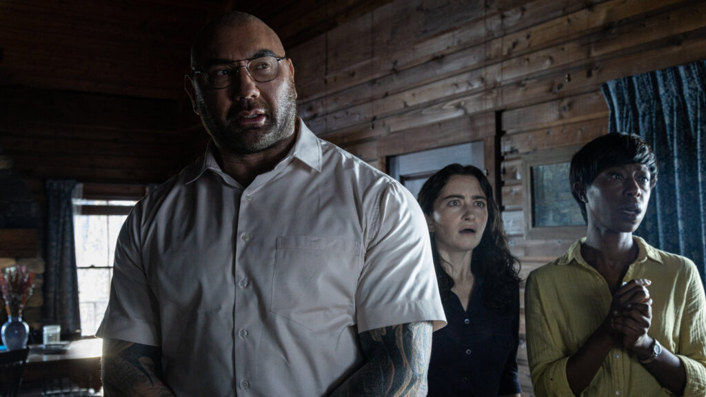 Dave Bautista, Abby Quinn, and Nikki Amuka-Bird in Knock at the Cabin