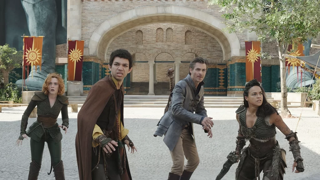 Sophia Lillis, Justice Smith, Chris Pine, and Michelle Rodriguez in Dungeons & Dragons: Honor Among Thieves