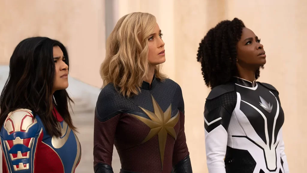 Iman Vellani, Brie Larson, and Teyonah Parris in The Marvels
