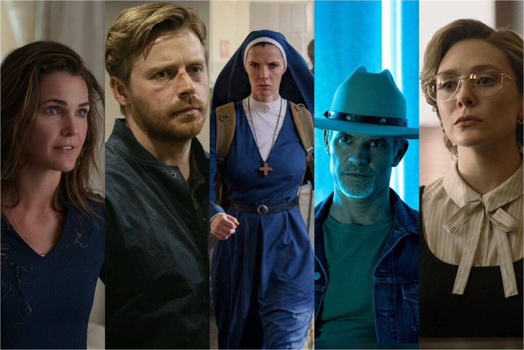 Keri Russell in The Diplomat; Jack Lowden in Slow Horses; Betty Gilpin in Mrs. Davis; Timothy Olyphant in Justified: City Primeval; Elizabeth Olsen in Love & Death