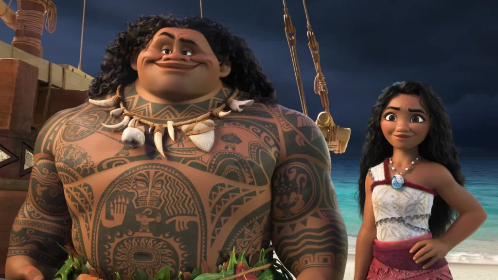 A scene of Maui and Moana in Moana 2