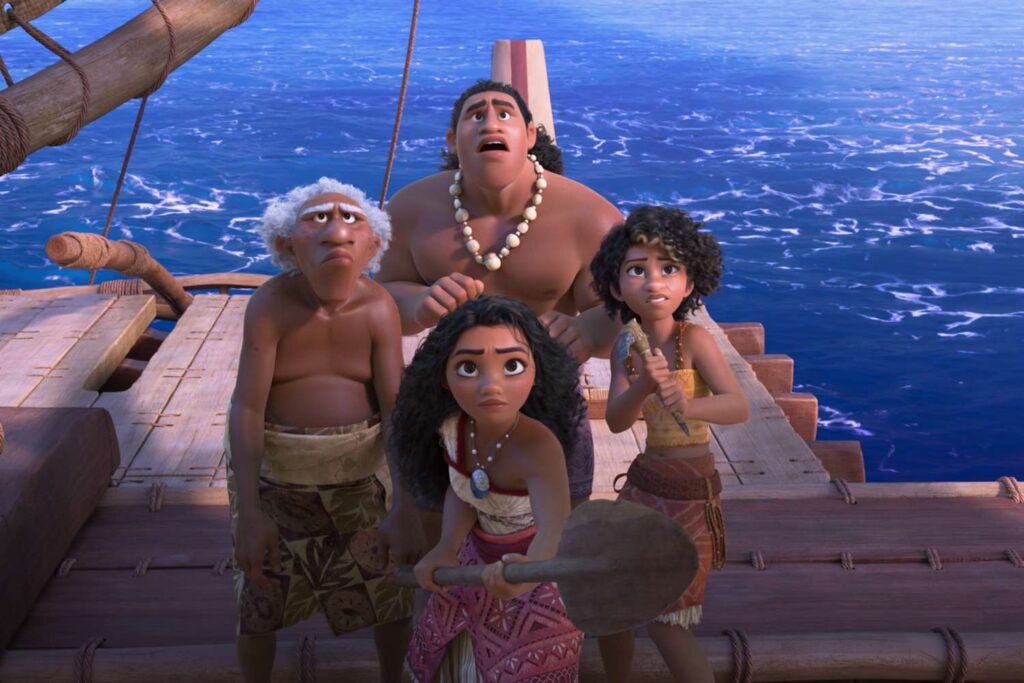 A scene of Moana and her crew in Moana 2