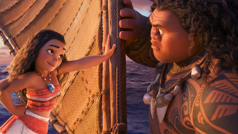 A scene of Moana and Maui in Moana 2