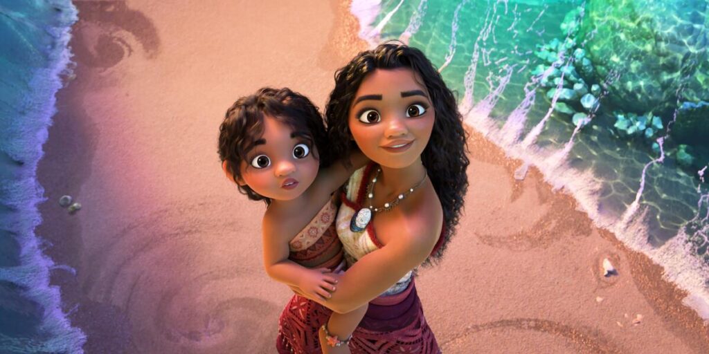 A scene of Moana and her little sister in Moana 2