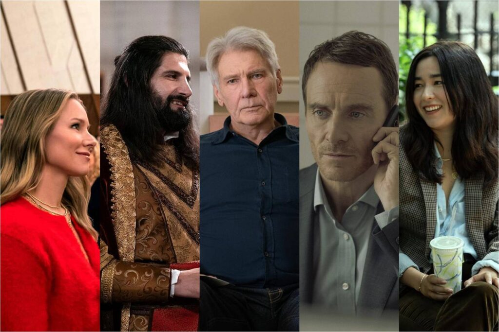 Kristen Bell in Nobody Wants This; Kayvan Novak in What We Do in the Shadows; Harrison Ford in Shrinking; Michael Fassbender in The Agency; Maya Erskine in Mr and Mrs Smith