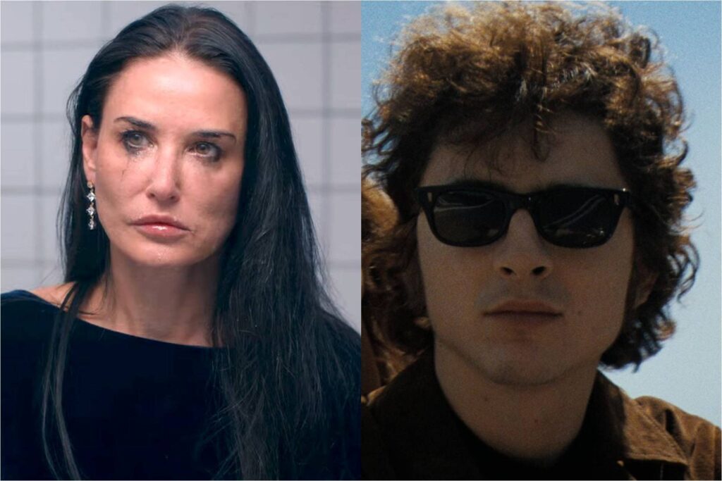 Demi Moore in The Substance; Timothee Chalamet in A Complete Unknown