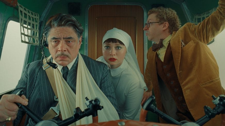 Benicio Del Toro, Mia Threapleton, and Michael Cera in The Phoenician Scheme