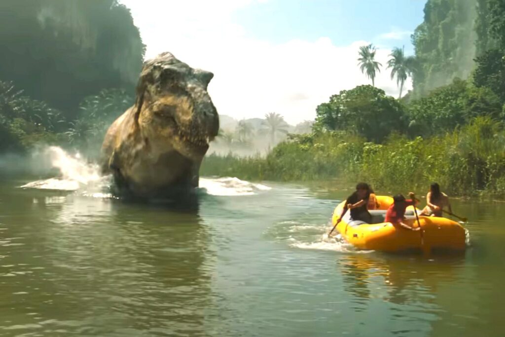 The T-Rex chasing some chumps in Jurassic World Rebirth