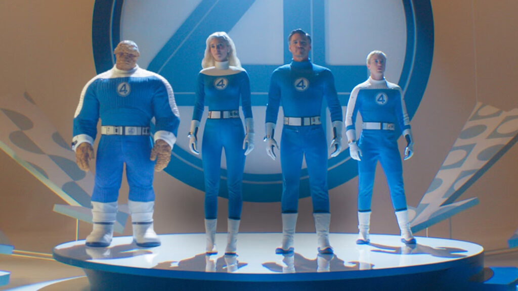 Ebon Moss Bachrach, Vanessa Kirby, Pedro Pascal, and Joseph Quinn in The Fantastic Four First Steps