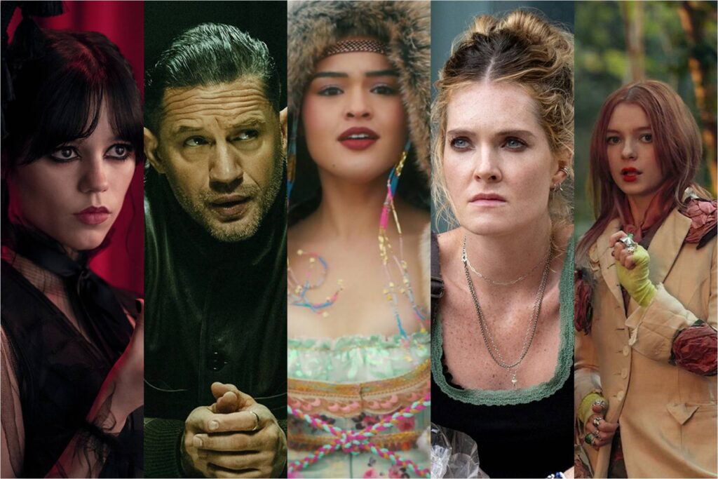 Jenna Ortega in Wednesday; Tom Hardy in MobLand; Anna Lambe in North of North; Meghann Fahy in Sirens; Esme Creed-Miles in The Sandman