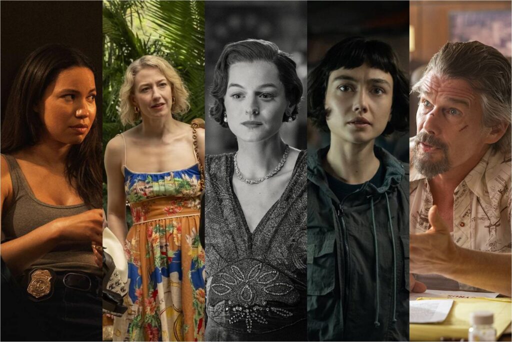 Jurnee Smollett in Smoke; Carrie Coon in The White Lotus; Emma Corrin in Black Mirror; Sydney Chandler in Alien: Earth; Ethan Hawke in The Lowdown
