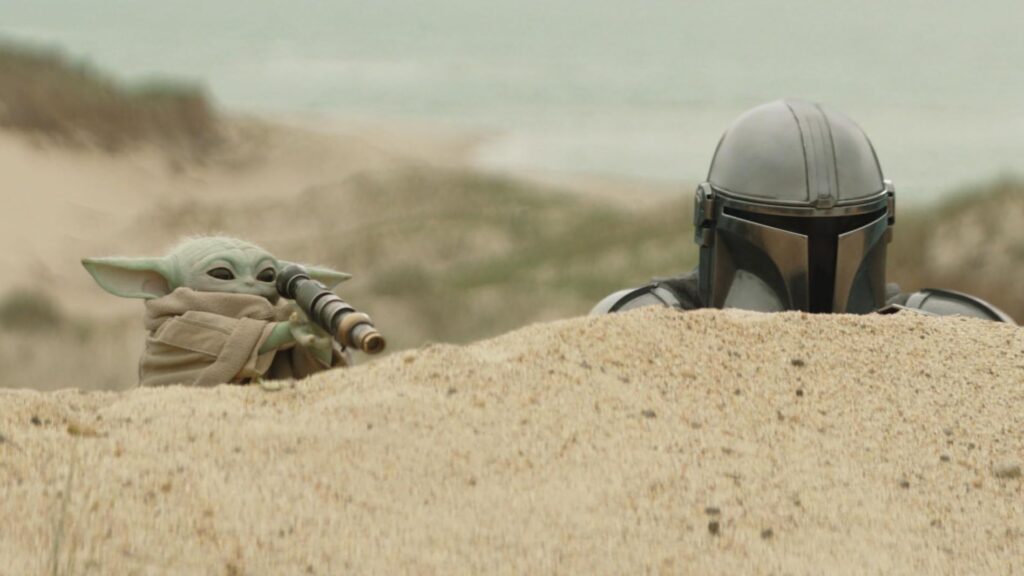 A scene from The Mandalorian and Grogu, featuring both title characters