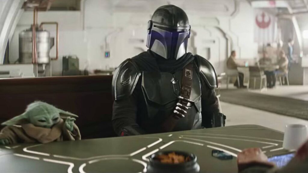 A scene from The Mandalorian and Grogu, featuring both title characters
