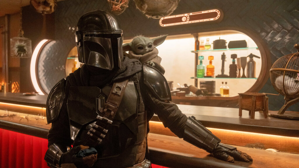 A scene from The Mandalorian and Grogu, featuring both title characters