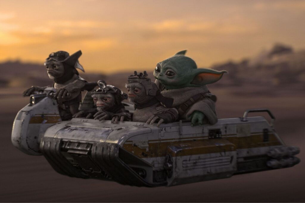 A scene from The Mandalorian and Grogu, with Grogu alongside the Anzellans