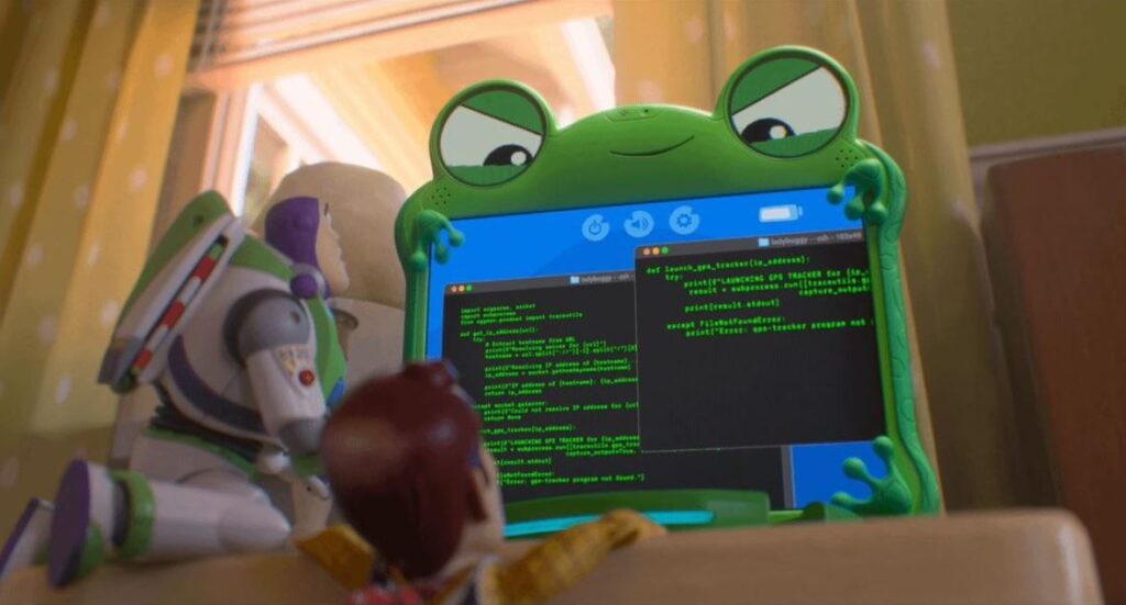 Buzz Lightyear and Woody looking up at Lilypad in Toy Story 5